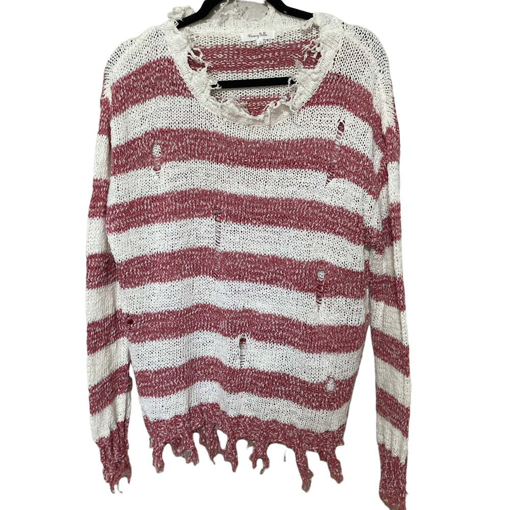 Honey Belle Womens Frayed Distressed V-Neck Sweater Size Large Pink White